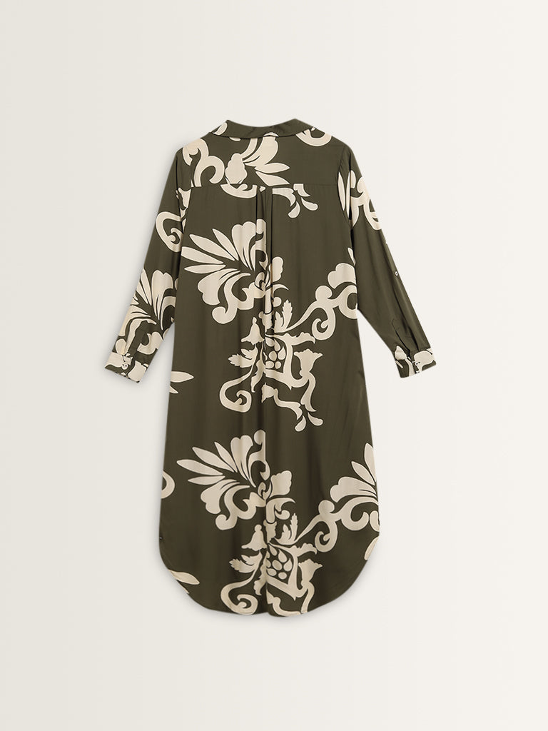 Gia Olive Printed High-Low Shirt Dress