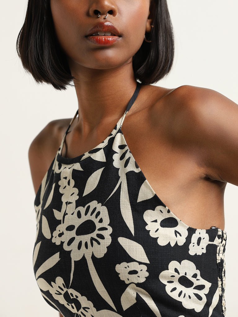 Nuon Black Floral Print Blended Linen Crop Top