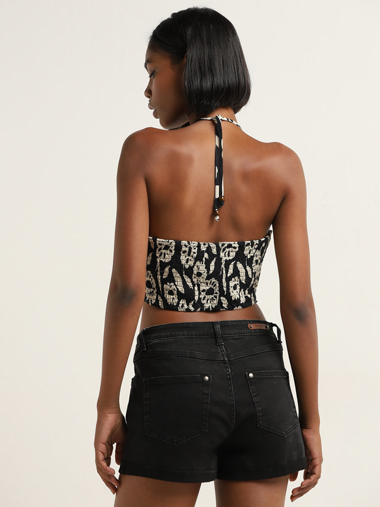 Nuon Black Floral Print Blended Linen Crop Top