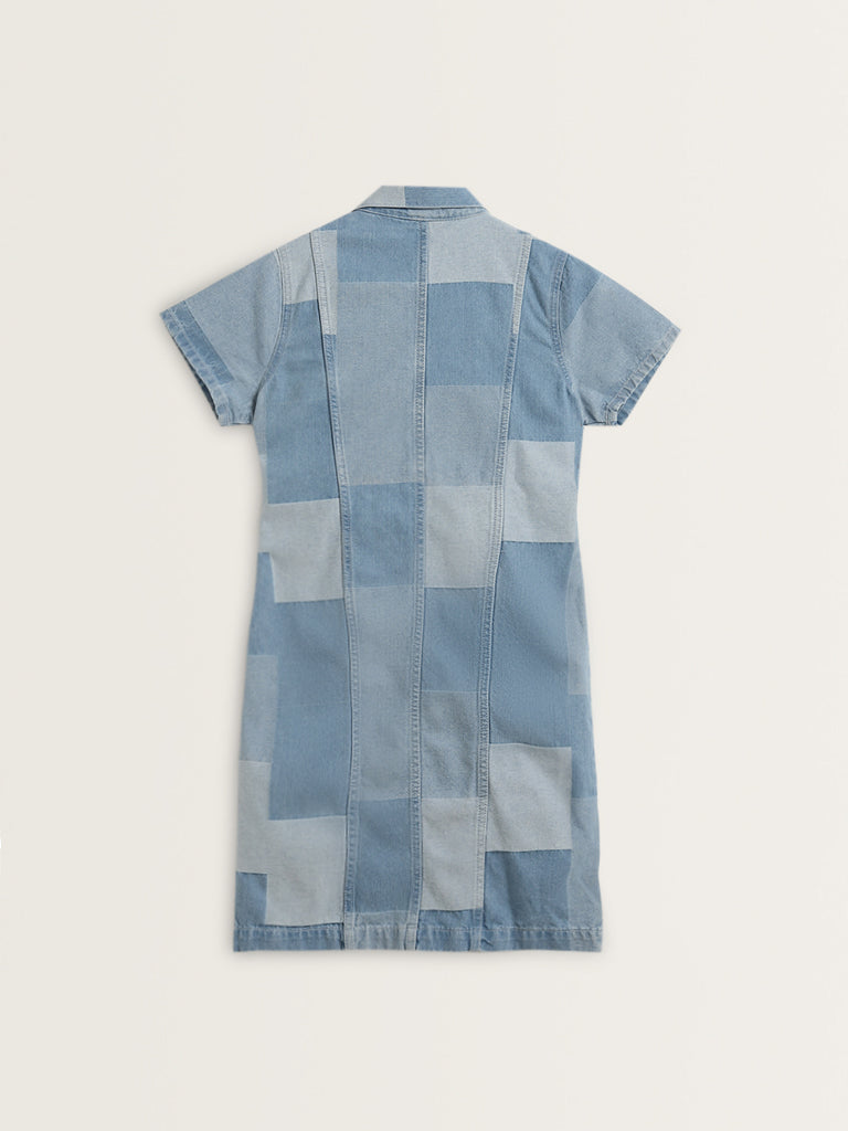 Nuon Blue Patchwork Denim Shirt Cotton Dress