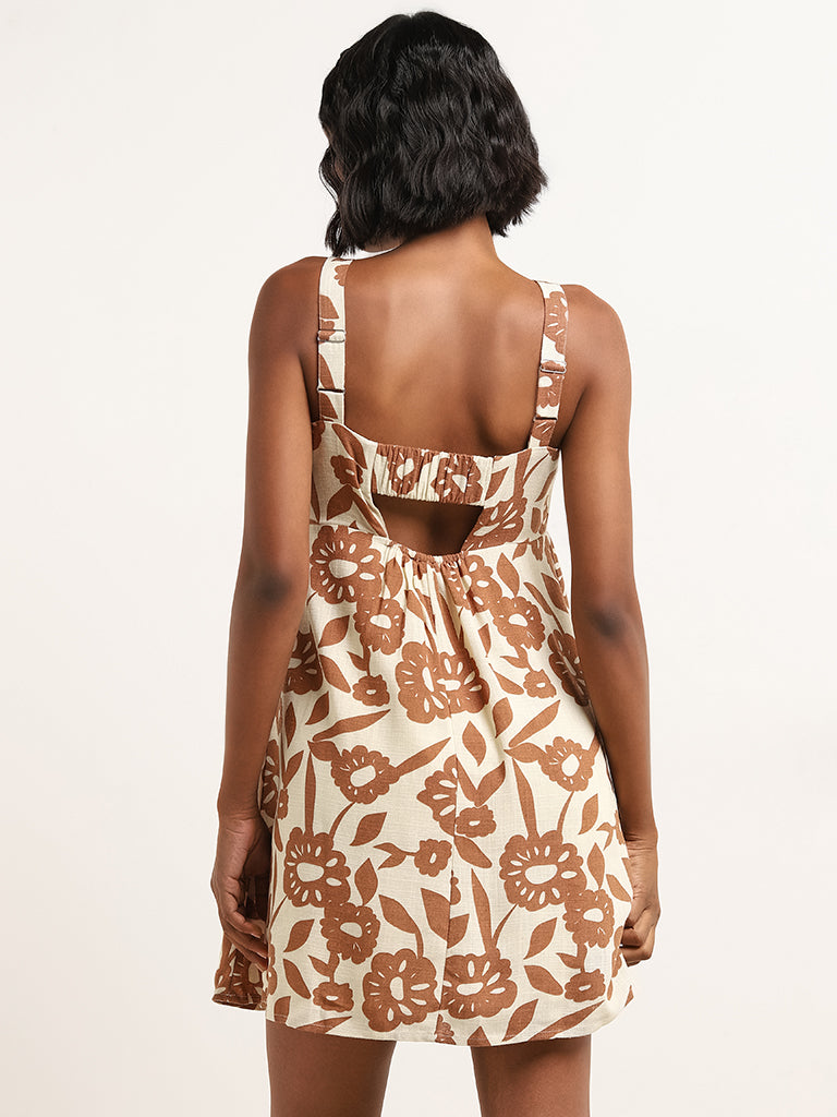 Nuon Brown Floral Printed Skater Dress