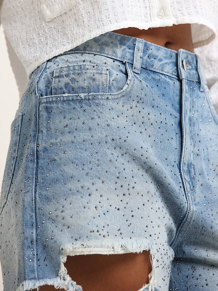 Nuon Blue Mid Rise Ripped Denim Shorts