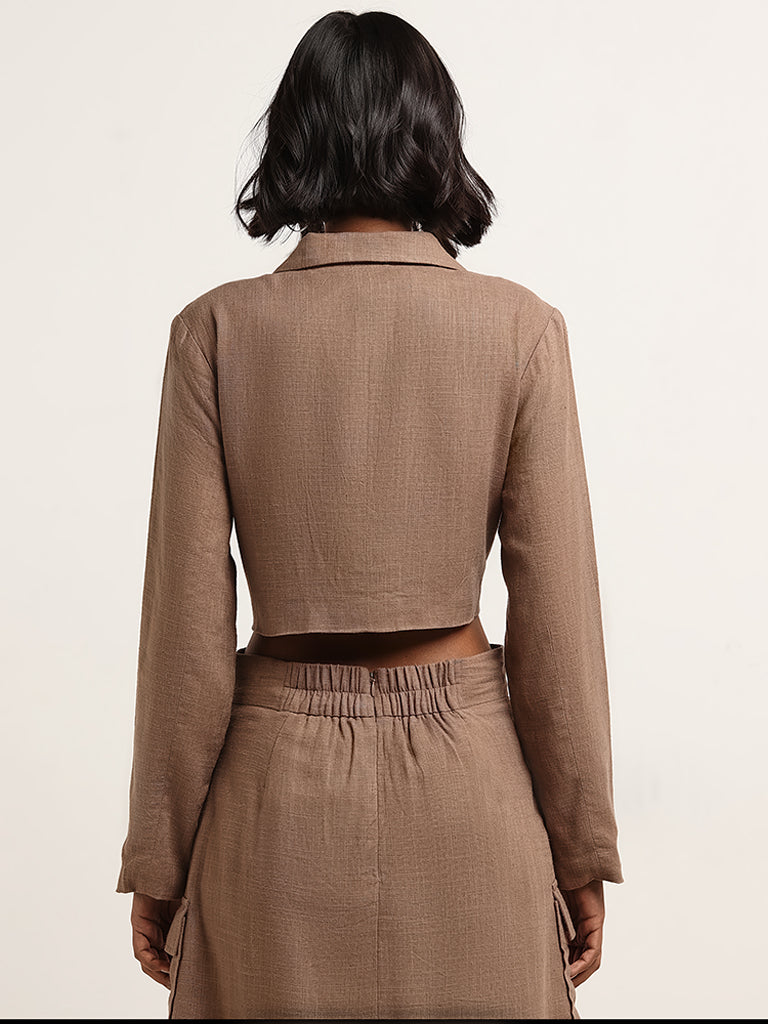 Nuon Brown Blended Linen Cropped Jacket