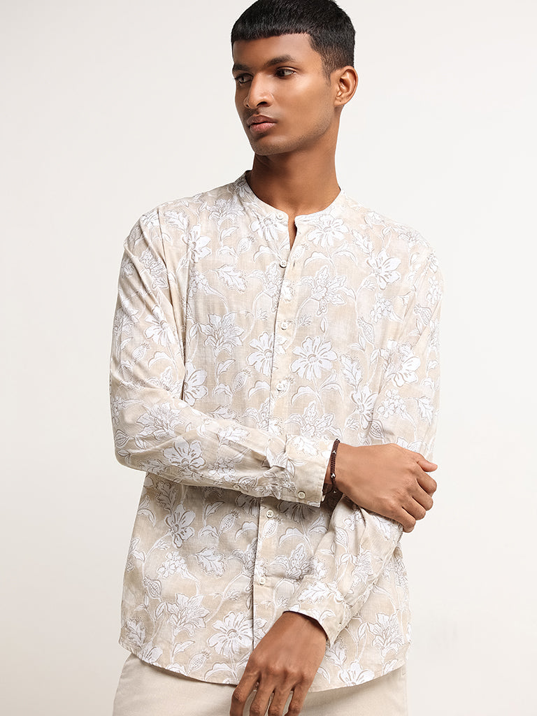 ETA Beige Botanical Print Grandad Cotton Relaxed Fit Shirt