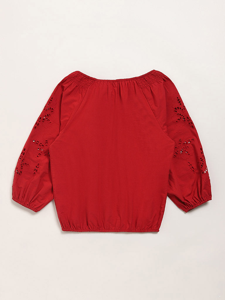 LOV Red Schiffli Design Cotton Blouse