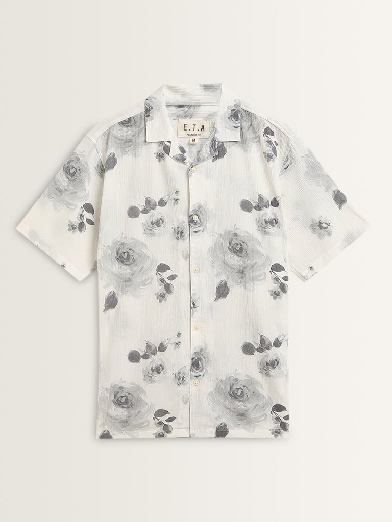 ETA Grey Floral Design Relaxed-Fit Cotton Shirt