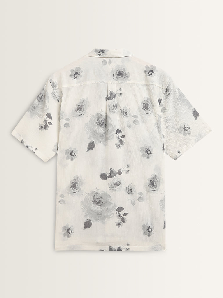 ETA Grey Floral Design Relaxed-Fit Cotton Shirt