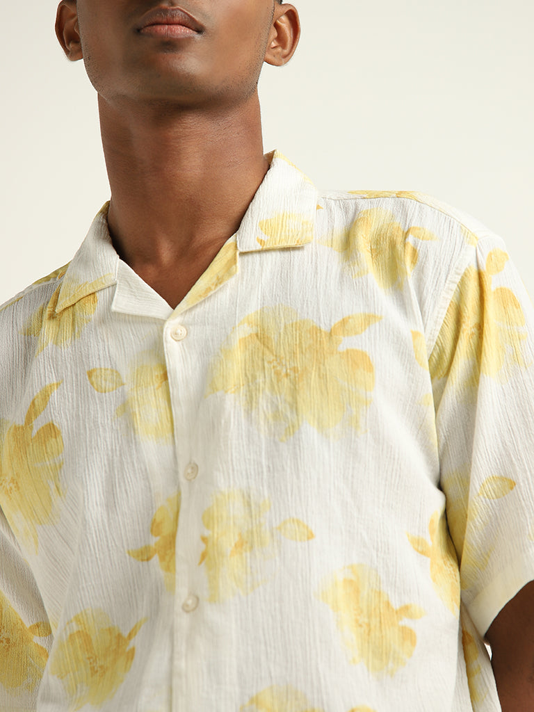 ETA Yellow Floral Printed Relaxed-Fit Cotton Shirt