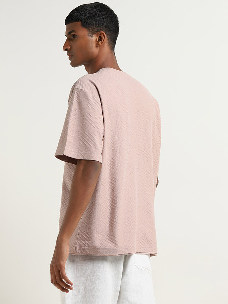 ETA Dusty Pink Chevron Textured Slim Fit T-Shirt