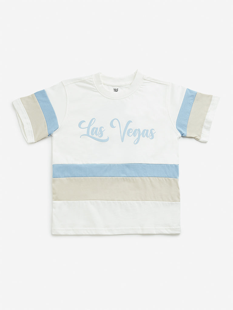 Y&F Kids Off-White Colour Blocked Design Cotton T-Shirt