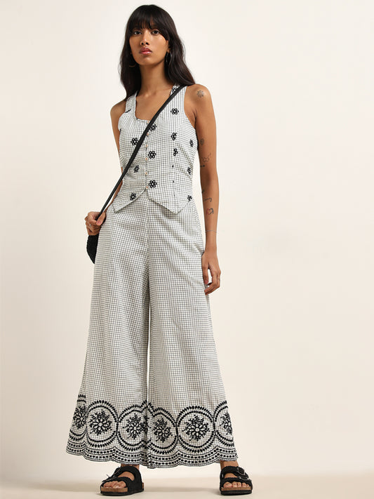 Bombay Paisley Grey Checkered Design High-Rise Cotton Blend Palazzos