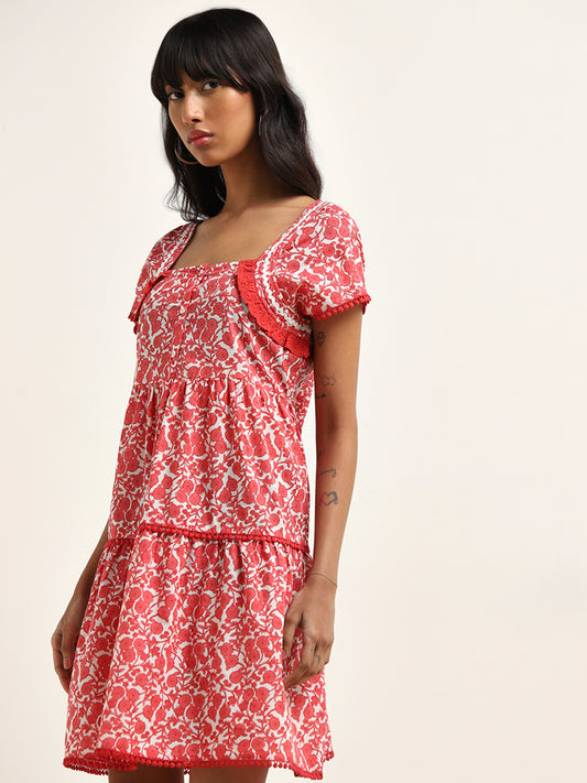 Bombay Paisley Red Floral Printed Tiered Cotton Dress