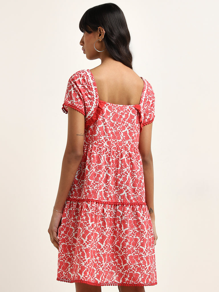 Bombay Paisley Red Floral Printed Tiered Cotton Dress