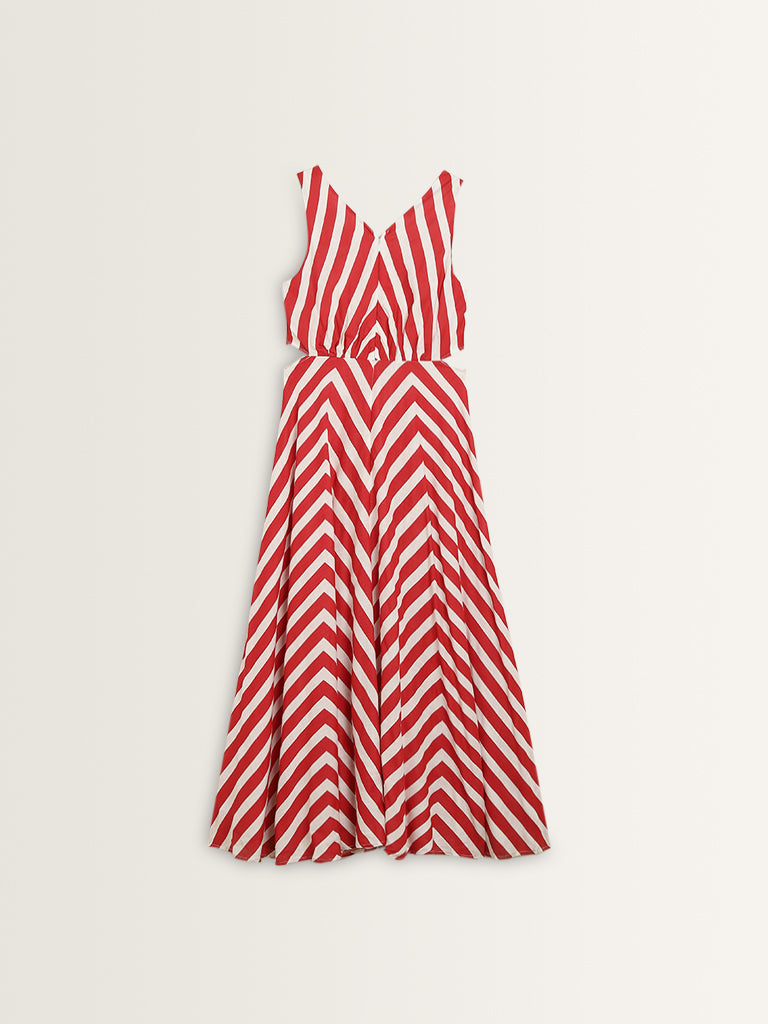 Bombay Paisley Red Chevron Printed A-Line Maxi Dress