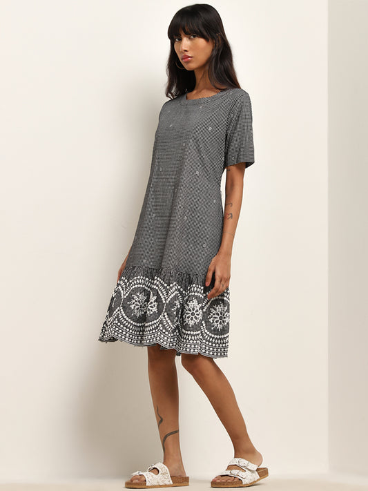Bombay Paisley Black Checkered Design Drop-Waist Cotton Dress