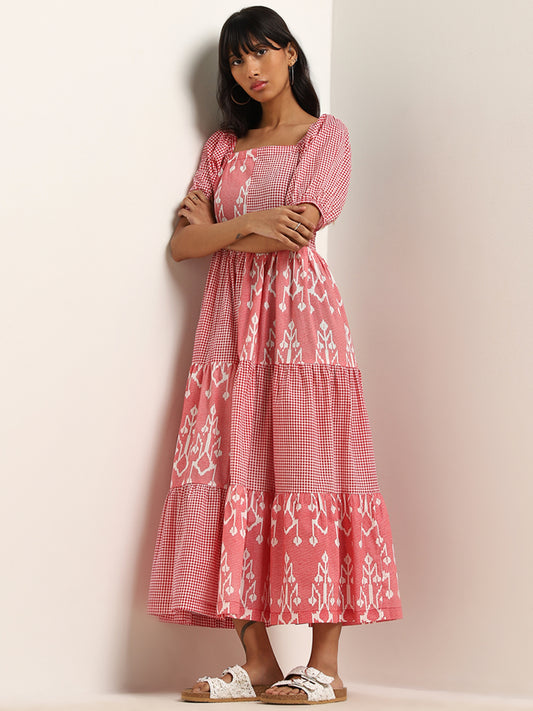 Bombay Paisley Red Ikat Patterned Tiered Cotton Dress