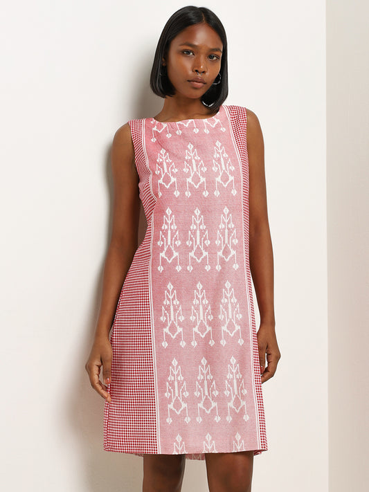 Bombay Paisley Red Ikat-Printed Straight Cotton Blend Dress