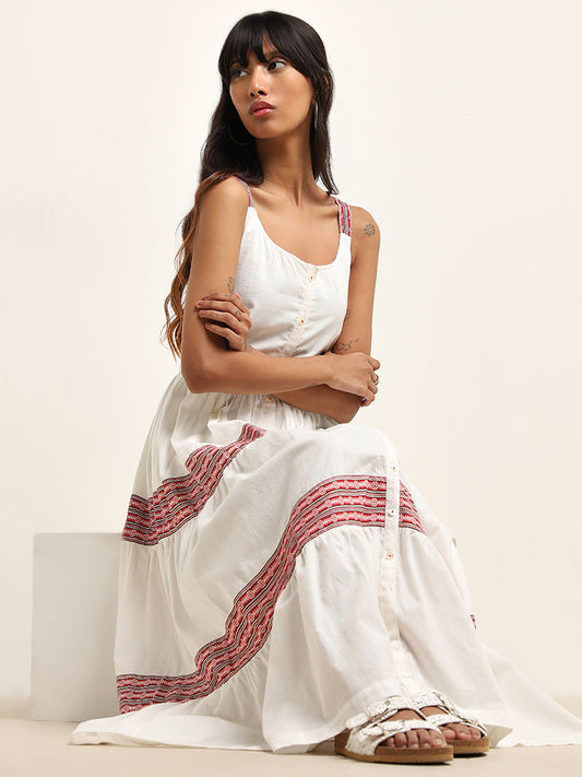 Bombay Paisley White Self-Striped Tiered Cotton Dress