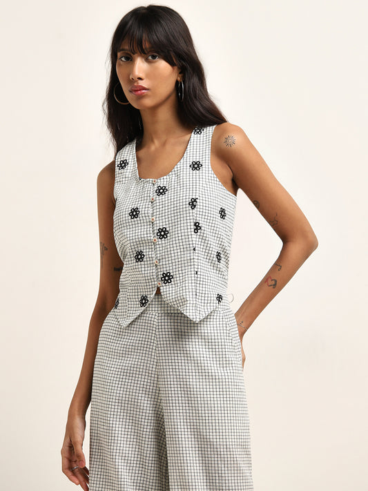 Bombay Paisley Grey Checkered Design Waistcoat-Style Cotton Blend Top