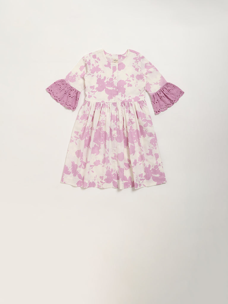 Utsa Kids Lilac Floral Printed A-Line Cotton Blend Dress - (2 -8yrs)