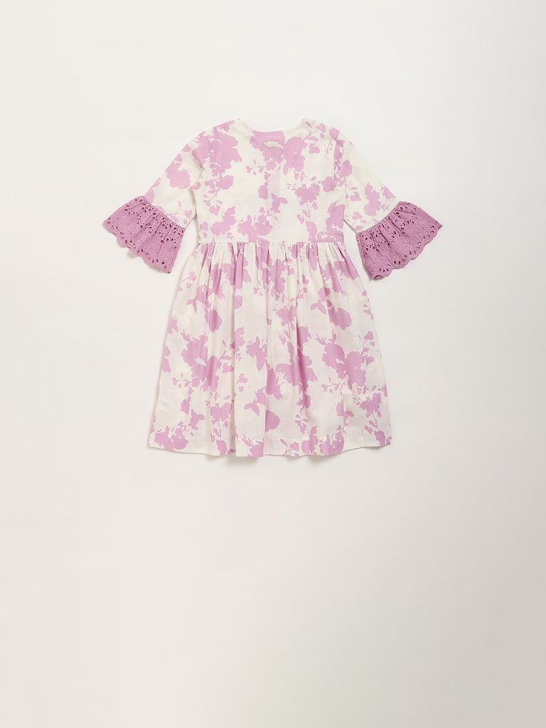 Utsa Kids Lilac Floral Printed A-Line Cotton Blend Dress - (2 -8yrs)