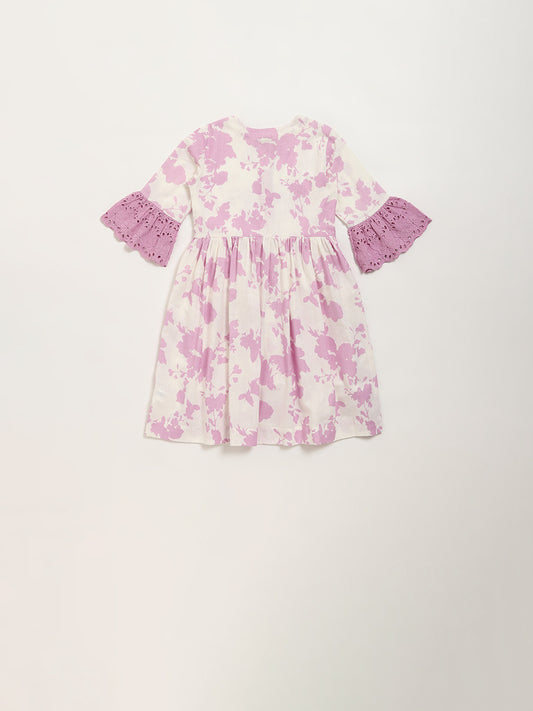 Utsa Kids Lilac Floral Printed A-Line Cotton Blend Dress (2 - 8yrs)