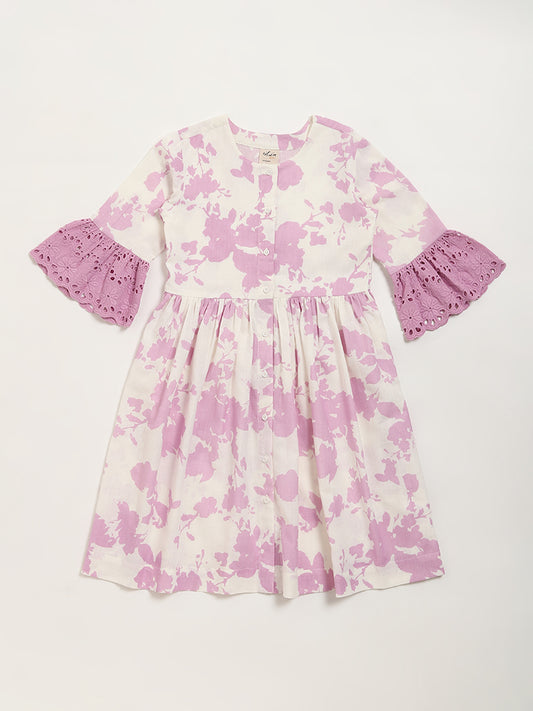 Utsa Kids Lilac Floral Printed A-Line Cotton Blend Dress (8 -14yrs)