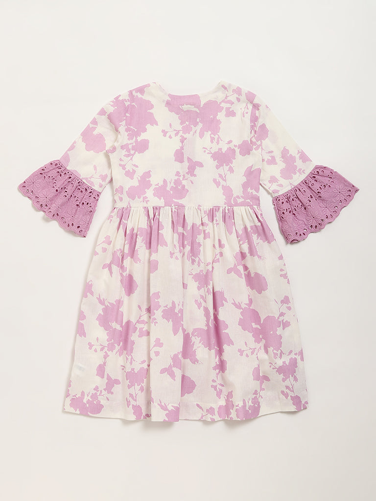 Utsa Kids Lilac Floral Printed A-Line Cotton Blend Dress - (8 -14yrs)