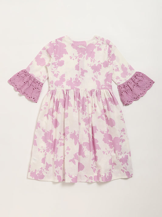 Utsa Kids Lilac Floral Printed A-Line Cotton Blend Dress (8 -14yrs)