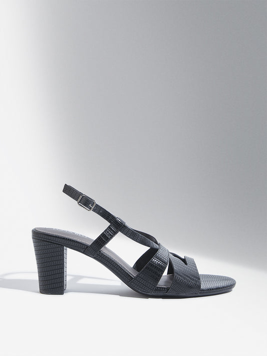 LUNA BLU Black Cut-Out Textured Block-Heel Sandals