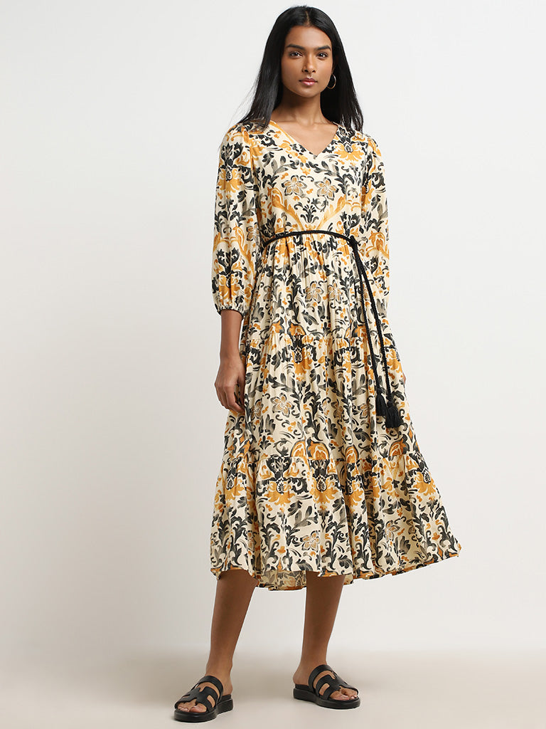 Buy LOV Beige Floral Printed Tiered Dress with Belt from Westside