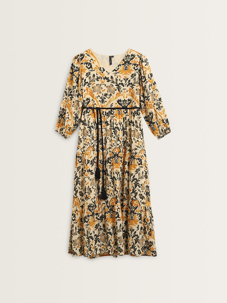 LOV Beige Floral Printed Tiered Dress with Belt