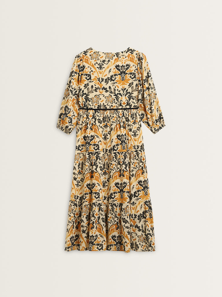 LOV Beige Floral Printed Tiered Dress with Belt