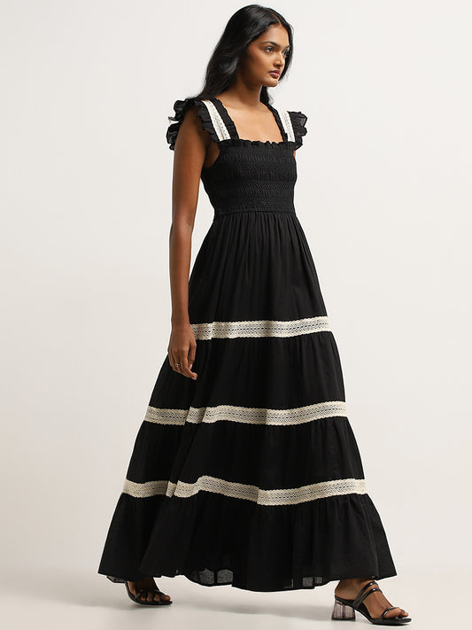 LOV Black Smocked Tiered Cotton Dress