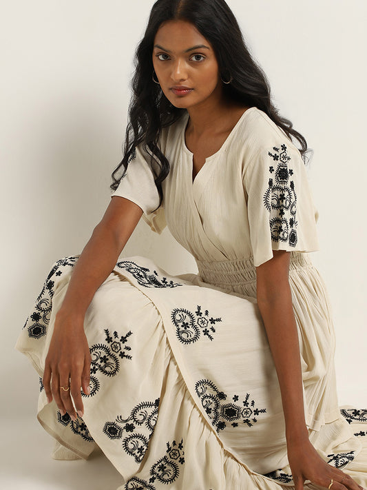 LOV Beige Embroidered Tiered Cotton Dress