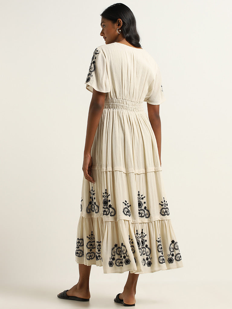LOV Beige Embroidered Tiered Cotton Dress