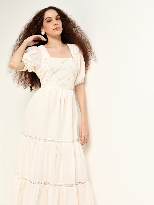 LOV Off-White Embroidered Tiered Dress
