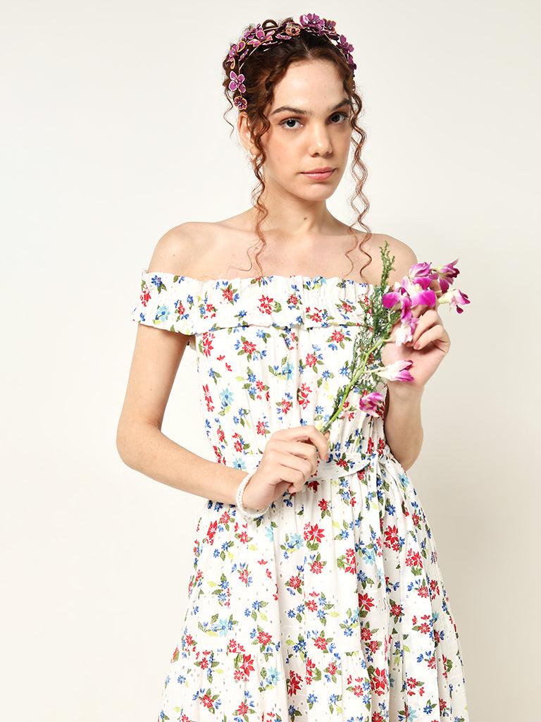 LOV White Floral Patterned Cotton Tiered Dress