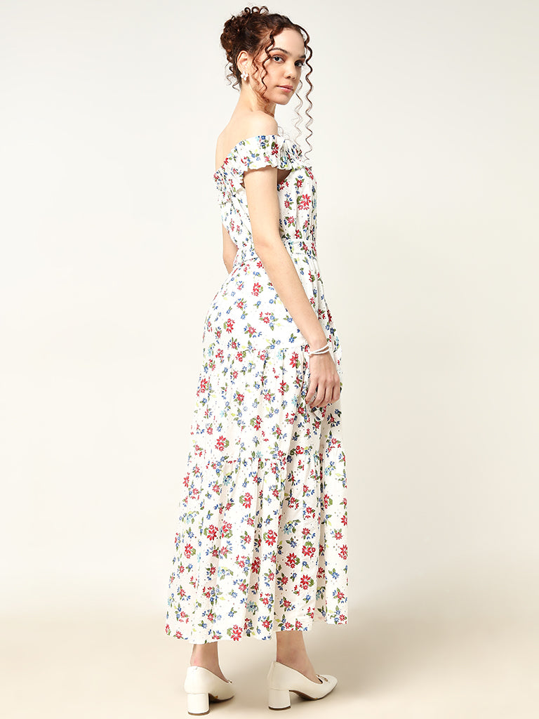 LOV White Floral Patterned Cotton Tiered Dress