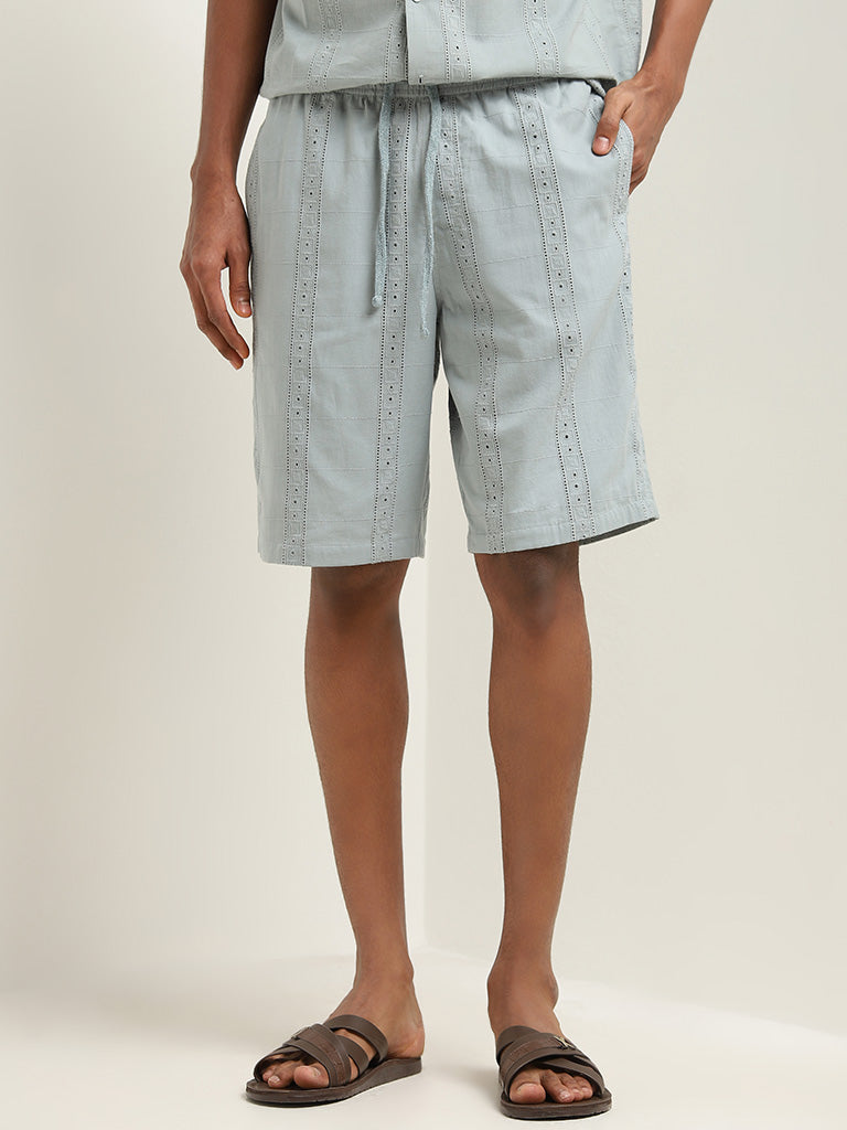 ETA Dusty Teal Schiffli Relaxed-Fit Mid-Rise Cotton Shorts