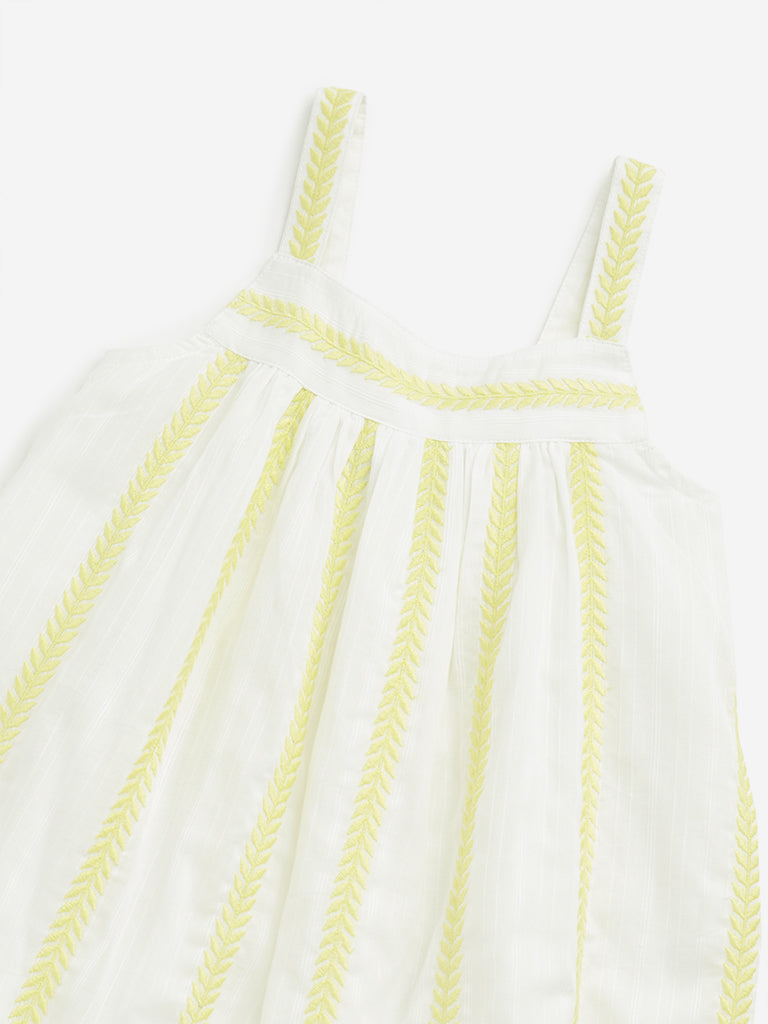 HOP Kids White Leaf Embroidered A-Line Cotton Dress