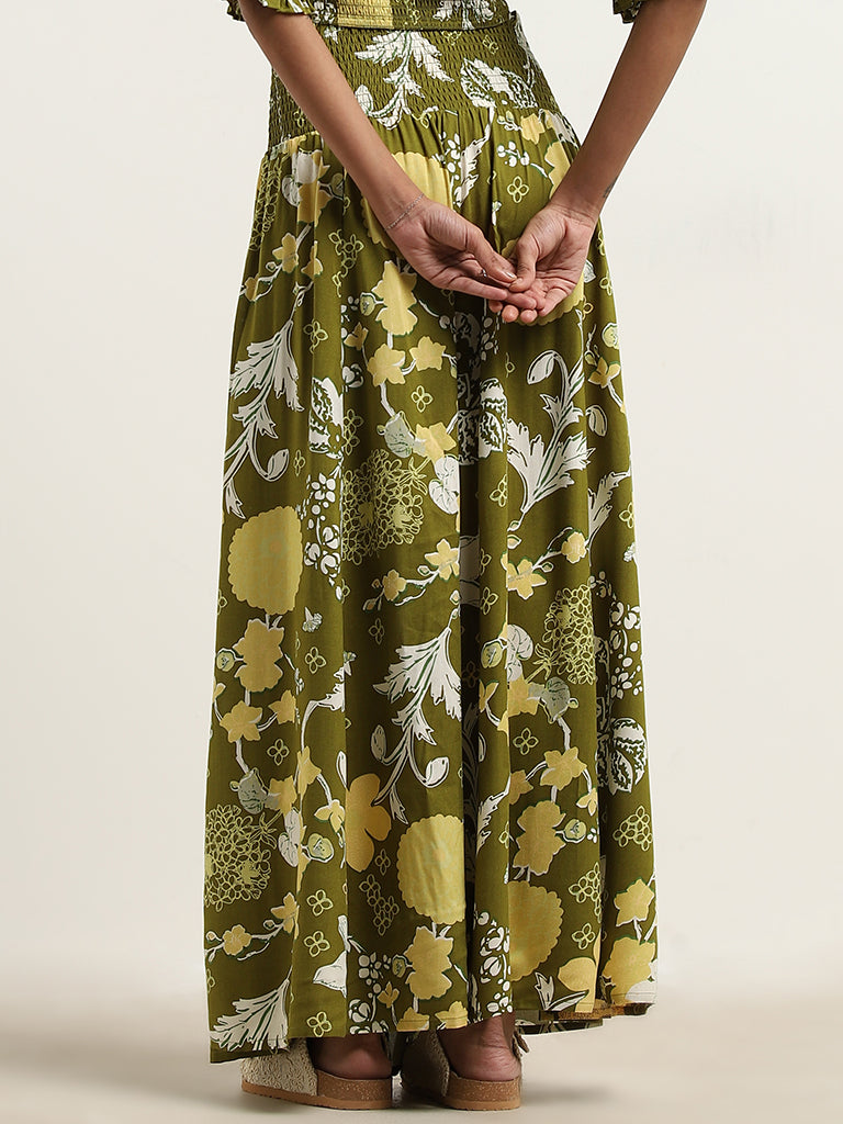 Bombay Paisley Olive Foliage Design High-Rise Skirt