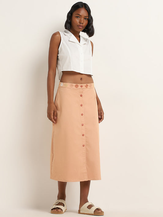 Bombay Paisley Peach Mid-Rise Cotton Blend Skirt