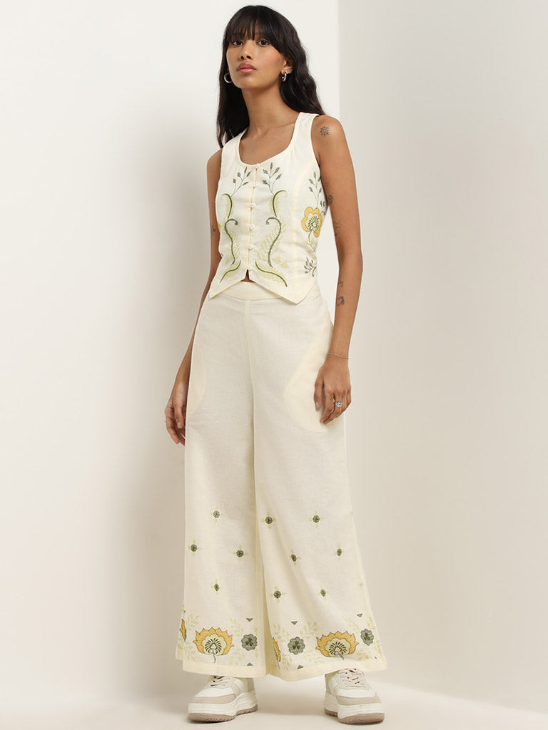 Bombay Paisley Off-White Floral Embroidered Top