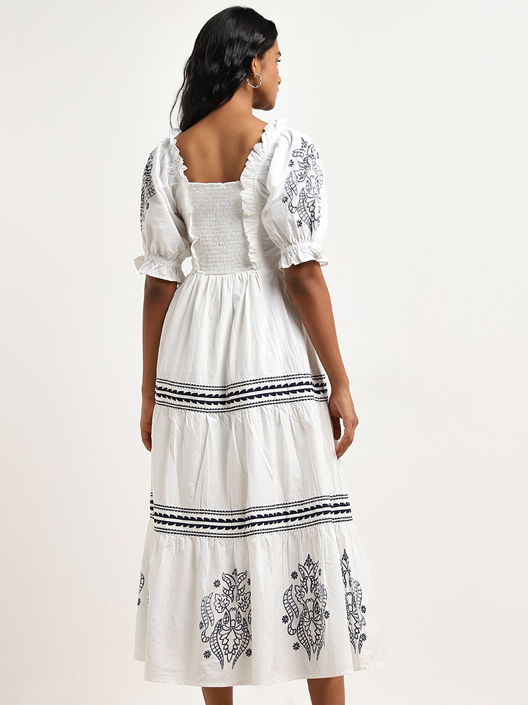 LOV White Printed Cotton Blend Tiered Dress