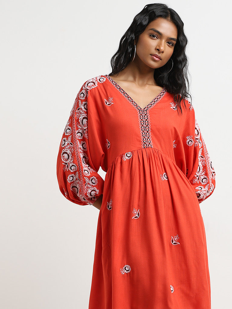 Buy LOV Dark Orange Floral Embroidered A Line Dress from Westside