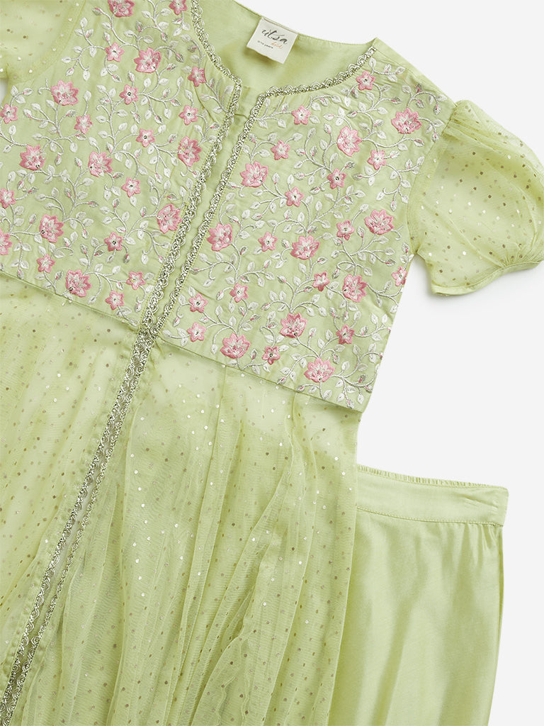 Utsa Kids Lime Floral Embroidered Kurta with Skirt Set - (8 -14yrs)