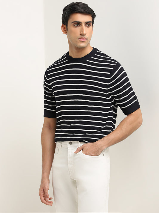 Ascot Navy Striped Relaxed-Fit Cotton T-Shirt