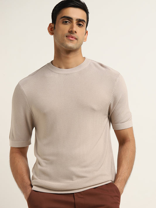 Ascot Beige Solid Relaxed Fit Cotton T-Shirt