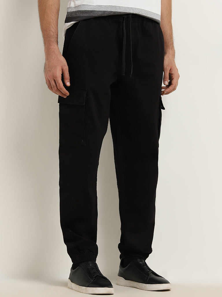 WES Casuals Black Relaxed-Fit Mid-Rise Cotton Blend Chinos